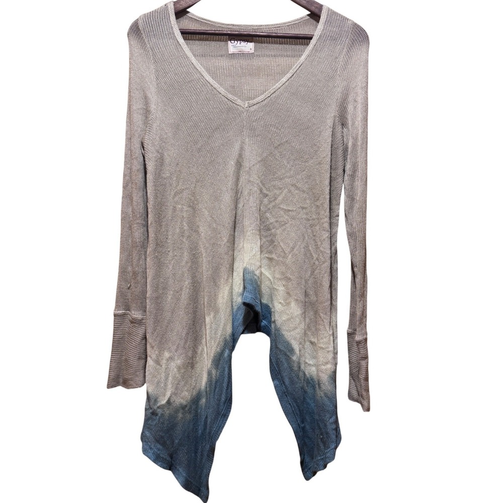 Gypsy 05 Womens Tan Blue Ombre Dip Dye V-Neck Sharkbite Open‎ Knit Sweater Small